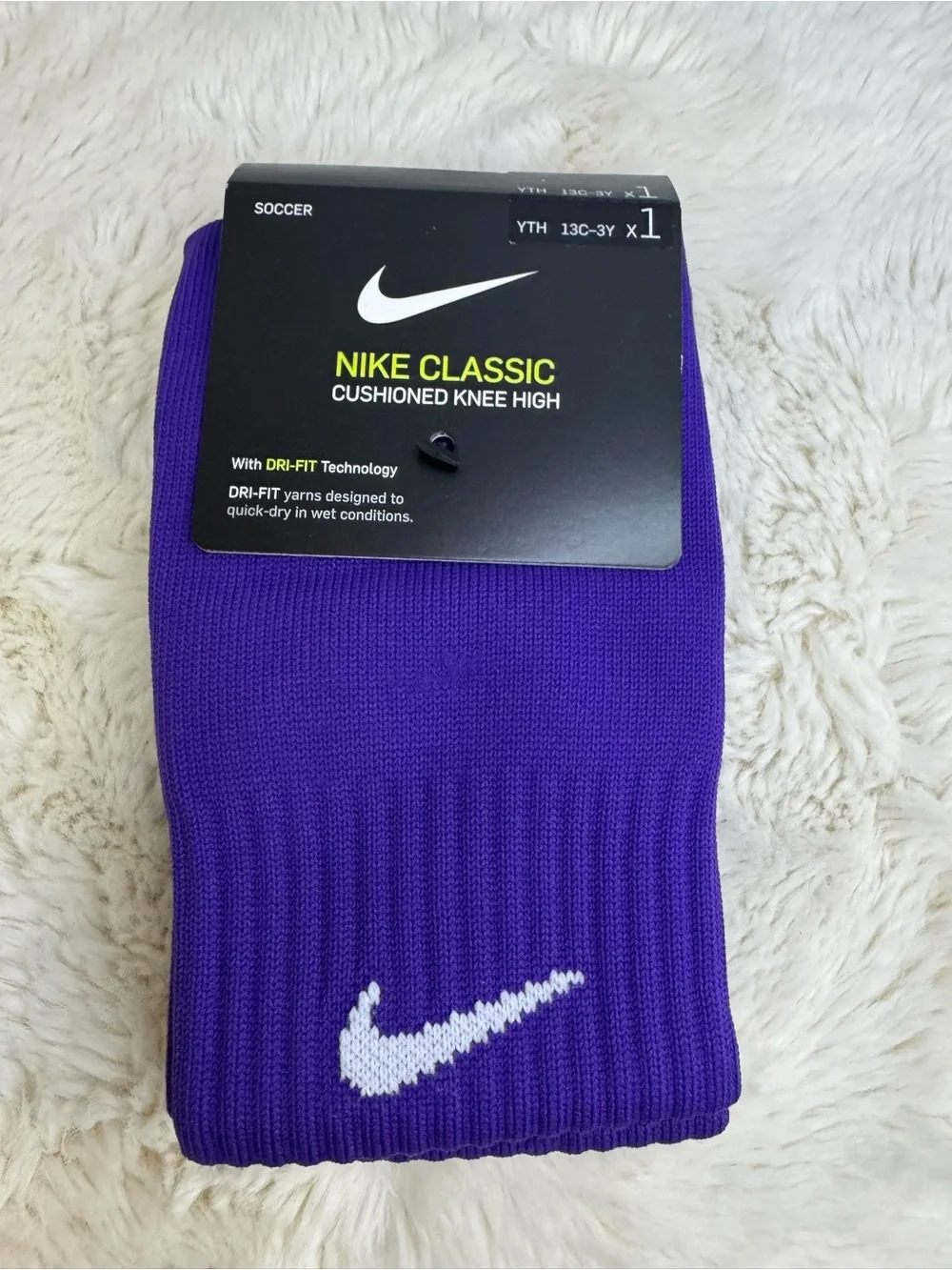Nike Cushioned Knee High Youth Soccer Socks - Purple & White
